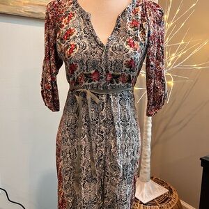 Tiny by Anthropologie Floral Patterned Shirt Dress with Red and Gray Accents S
